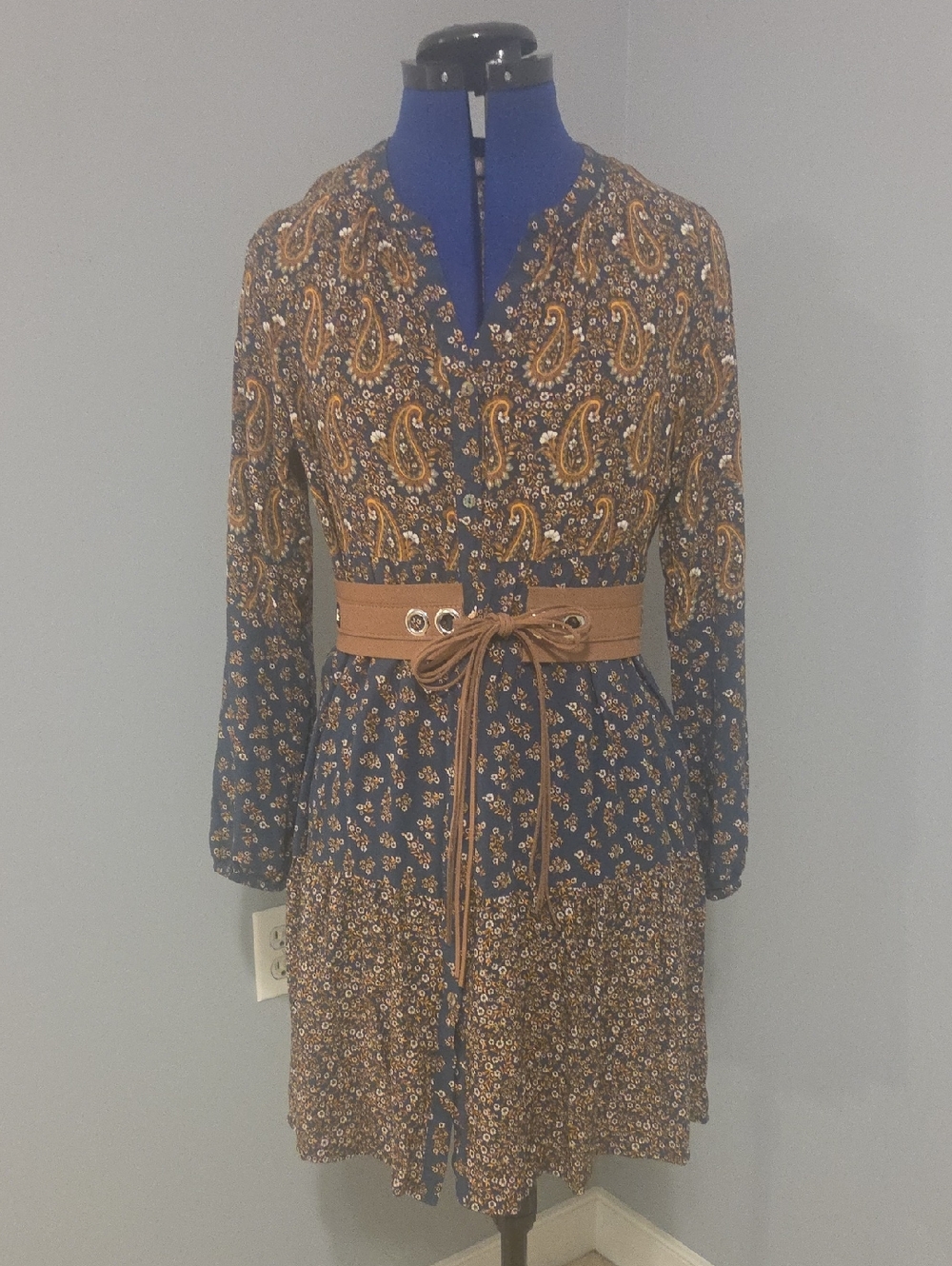 Boho Paisley Navy and Tan  Button-Front Dress
